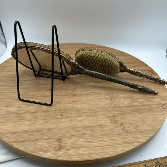 Apollo Hand Mirror & Brush Set Ormolu Filigree Floral Vanity Hollywood Regency Vanity Mirrors